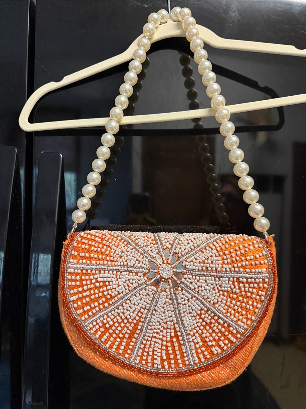 Pearl-Handle Beaded Orange Half-Moon Shoulder Bag